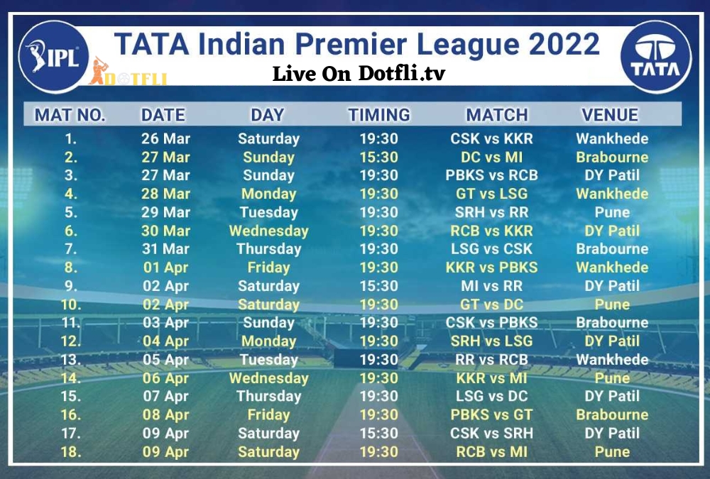 IPL Schedule 2023 on Dotfli